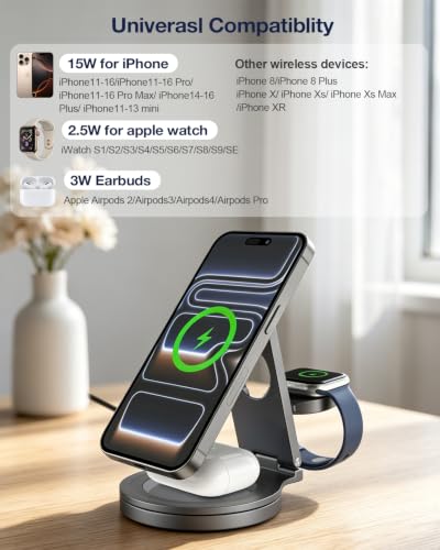 Foldable 3 in 1 Wireless Charging Station for Apple Compatible with Magsafe Charger Stand,Magnetic Wireless Charger Station for iPhone 17 Air16 15 14 13 12 Series,Airpods Pro,Apple Watch (Grey)