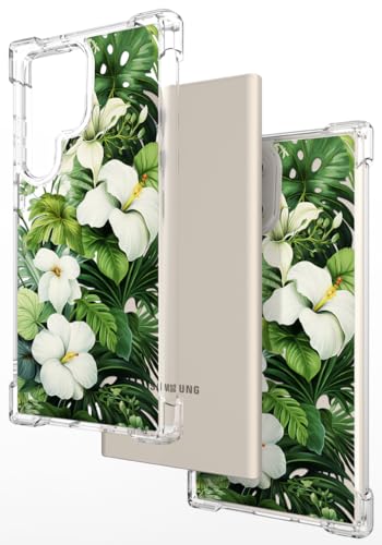 Hungo Galaxy S24 Ultra Case for Girls Women Clear Design Cute,Girly Case Compatible with Samsung Galaxy S24 Ultra Green Tropical Palm Leaves Hibiscus Flower Forest Jungle - color: Green Tropical Leaves