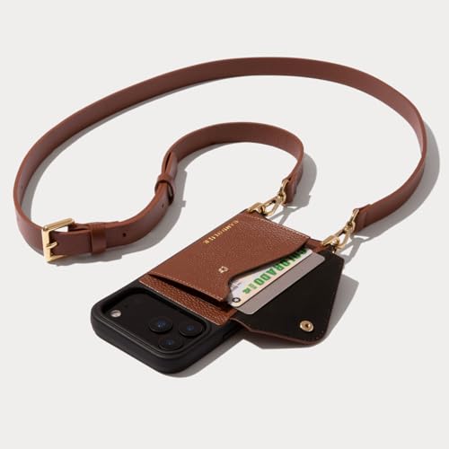 Bandolier Hailey Leather Crossbody Phone Case iPhone 16 Pro- Cognac | Crossbody leather phone case. Built-in wallet w/ snap-closure. Adjustable & removable leather strap. Phone drop protection. - color: Cognac/Gold, size: iPhone 16 Pro