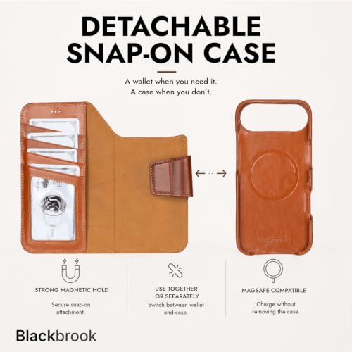 BLACKBROOK Detachable Leather Wallet Case Compatible with iPhone Air | Full-grain detachable folio with RFID blocking, 3 card slots, ID window, built-in kickstand, wireless charging, handcrafted. - color: Burnished Tan, size: iPhone 17 Air