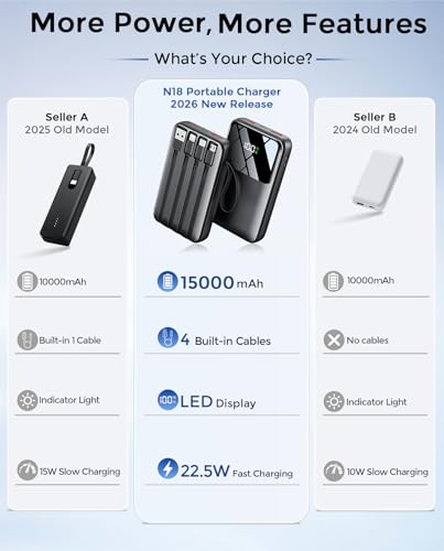 HELLEE 15000mAh Portable Charger Power Bank, 45% Smaller Built-in 4 Cables - color: Black