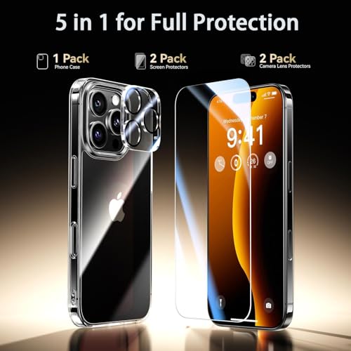 5 in 1 Clear Case for iPhone 17 Pro Max 6.9-Inch, with 2 Screen Protector and 2 Camera Lens Protector, 9H Edge Protection Tempered Glass Film, Shockproof Drop Transparent Protection Cover - size: iPhone 17 Pro Max