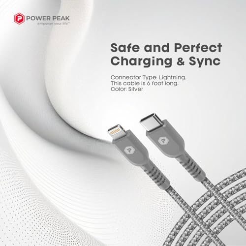 USB-C to Lightning Cable, 6ft Braided Nylon Metallic iPhone Charger Cord, (MFi Certified) Sync Cable Compatible with iPhone Lightning Port Devices | Silver - size: 6 FT