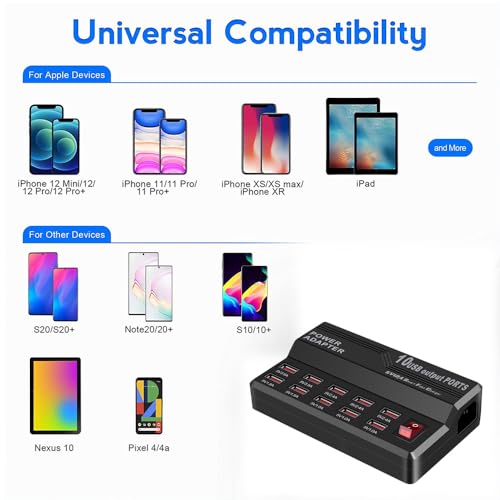 MaxLax USB Charging Station,10 Port 60W Multiple USB Charger Station,Multi Ports Charger Charging for Smartphones,Tablets,and Many Devices.