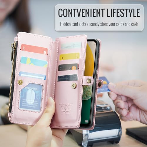 Asuwish Phone Case for Samsung Galaxy A13 4G/5G Zipper Wallet Cover with Tempered Glass Screen Protector and Flip RFID Blocking Card Holder TPU Cell A04s M13 G5 A 13 LTE 13A 2022 Women Girls Rose Gold - color: Rose Gold