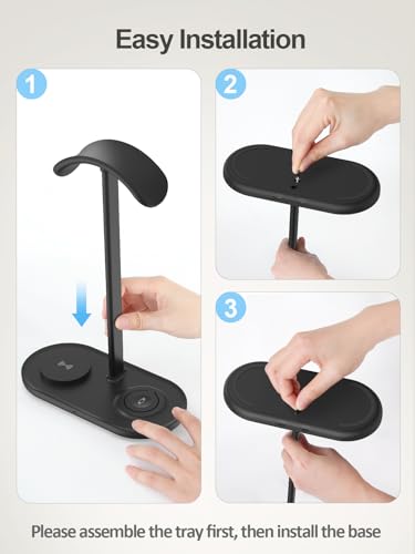 4 in 1 Headphone Stand, 15W Wireless Charger for Airpods/iPhone/iWatch - color: Dark Black