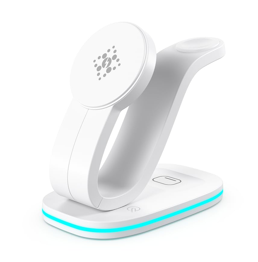 3 in 1 Qi Certified Wireless Charging Station, Multi Device Charging Dock with LED Night Light for Cell Phones, Smart Watches & Wireless Earbuds, ABS PC Charger Stand for Bedroom Desk (White) - color: White