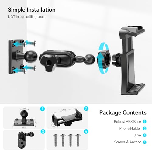 MAGJIEYX Car Phone Holder for Truck/Wall/Boat, Drill-Base Mount for Van/Dashboard Durable 360°Adjustable & Firm Grip Clamp Stand Compatible with 4.7"-6.9" iPhone/HTC/LG/Nexus/Samsung/Huawei