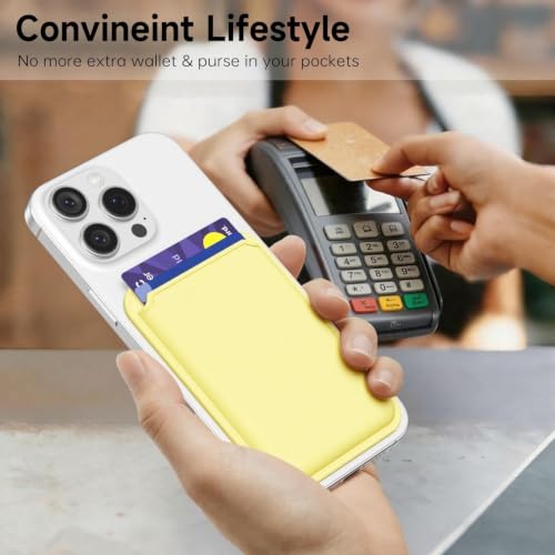 oakxco Magnetic Phone Wallet Stick On, Secure Phone Card Holder Silicone Compatible with Magsafe, Adhesive Pocket Sleeve ID Credit Card, Slim Thin Card Case, Compatible with iPhone Samsung, Yellow - color: Yellow