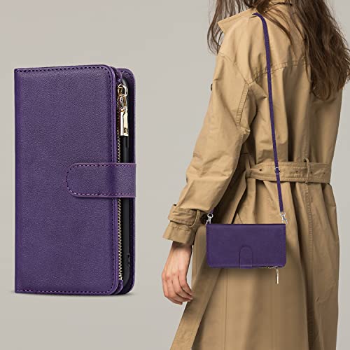 iCoverCase for Samsung Galaxy S23 Ultra Wallet Case with Card Holder, Kickstand Feature PU Leather Case with Adjustable Crossbody Lanyard Magnetic Clasp Zipper Pocket Flip Cover (Purple) - color: Purple, size: Galaxy S23 Ultra