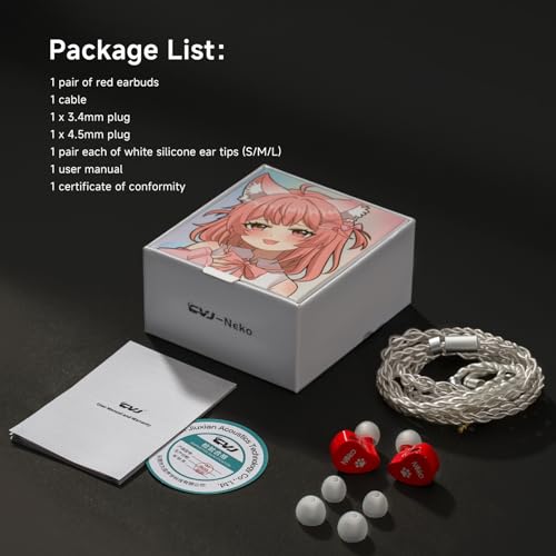 CVJ Neko IEM Wired Gaming Earbuds, 10mm Dynamic Driver HiFi in-Ear Monitors with 3.5 & 4.4mm Plugs, Deep Bass Headphones with Detachable Silver-Plated Cable for Audiophiles, Singers, Musicians - Red - color: Red