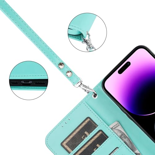 Bocasal Detachable Wallet Case Card Holder for iPhone 14 Pro Max Light Blue | RFID Blocking Kickstand Card Slots Holder PU Leather Magnetic Shockproof Wrist Strap Removable Flip Protective Cover 6.7 inch - color: Light Blue