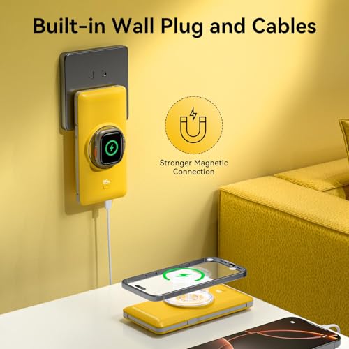 Magnetic 10000mAh Portable Charger for iWatch & iPhone, USB C Fast Charging Wireless Power Bank Built-in Cables and Wall Plug, External Travel Battery Pack Compatible with iOS Android Devices - color: Yellow