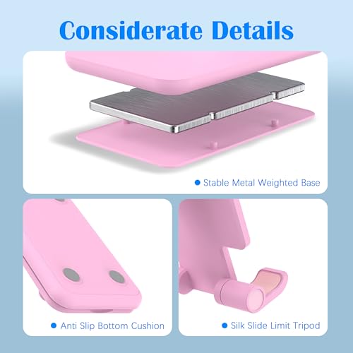 Cell Phone Stand, Adjustable Angle and Height Cell Phone Holder for Desk, Foldable and Portable, Anti-Slip Silicone Pad, Compatible with All Mobile Phones and 4-8 Inch Devices (Pink&Pink) - color: Pink&Pink