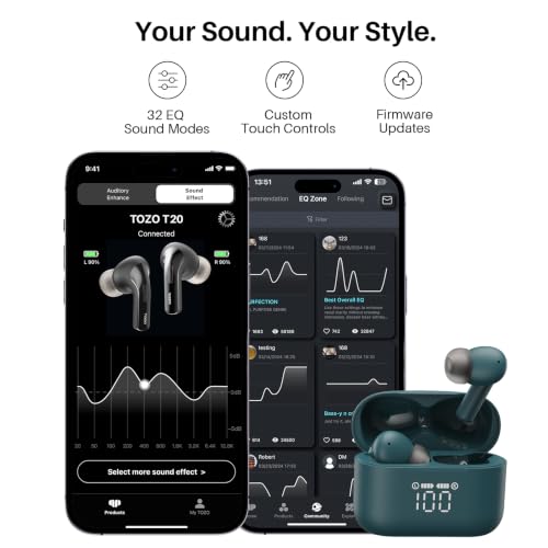 TOZO T20 Wireless Earbuds 97H Playtime, Wireless Charging LED Display Case - color: Green