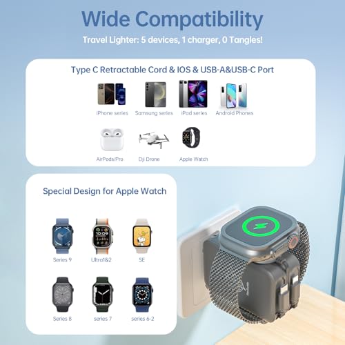Retractable Apple Watch Charger, 5 in 1 Wall Charger with 3 Retractable Cables for Older iPhones & USB-C Devices, 35W Foldable Charger Block for iPhone 17/16/15/14, iPad, AirPods (Gray) - color: Gray