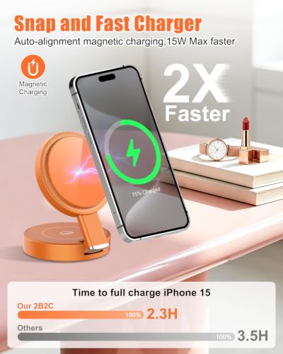 3-in-1 Magnetic Wireless Charger for iPhone, Apple Watch & AirPods, Orange - color: Orange