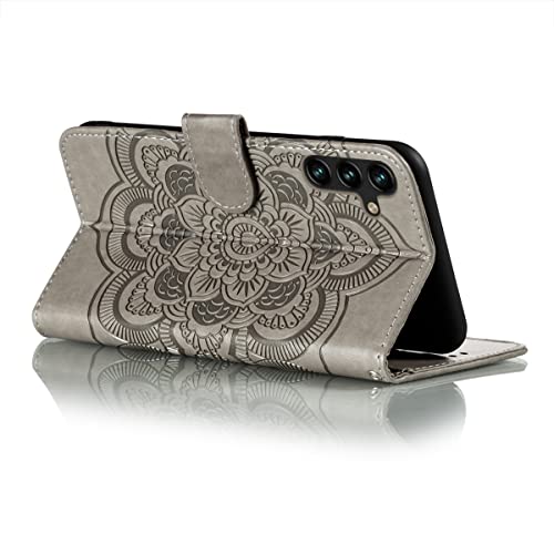 EYZUTAK Case for Samsung Galaxy A15 4G/5G, Premium Leather Magnetic Closure Flip Wallet Phone Case with Card Holder Cash Slot Stand Function Embossed Mandala Flower Slim Shockproof Lanyard Cover -Gray - color: Gray, size: Samsung Galaxy A15 4G/5G