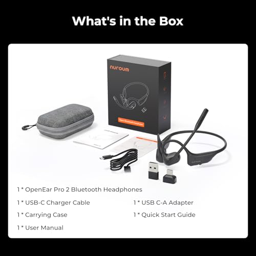 NUROUM OpenEar Pro 2 Bluetooth Headphones with Mic, Dongle and Bag