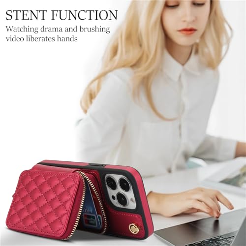 Phone Case for iPhone 14 Pro 6.1 inch Wallet Cell Cover with Tempered Glass Screen Protector Wrist Crossbody Strap RFID Blocking Card Holder TPU iPhone14Pro 5G i i-Phone i14 iPhone14 4 14Pro Women Red - color: Red