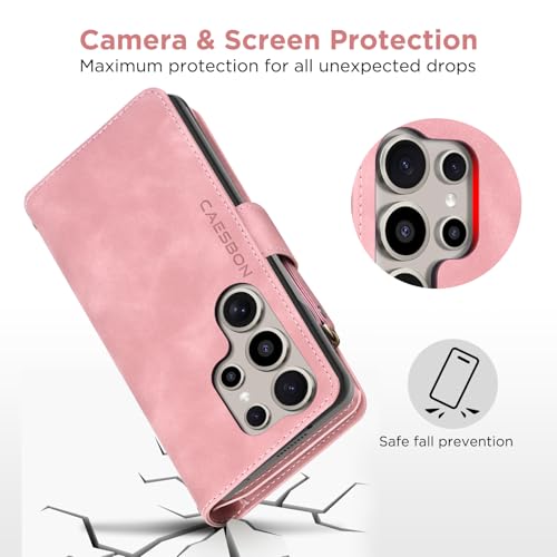 for Samsung Galaxy S24-Ultra-Wallet Case: with RFID Blocking Card Slots (6 Cards) | Soft PU Leather Magnetic Snap Zipper Pocket | Crossbody Wrist Strap Protective Phone Cover - Pink - color: Pink, size: Galaxy S24 Ultra(6.8‘’)