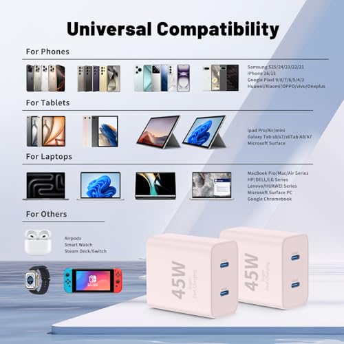 QZIIW iPhone 17 16 15 Pro Max Fast Charger,45W Dual Port USB C Fast Charger - color: Pink, size: 3FT+6FT+10FT+10FT