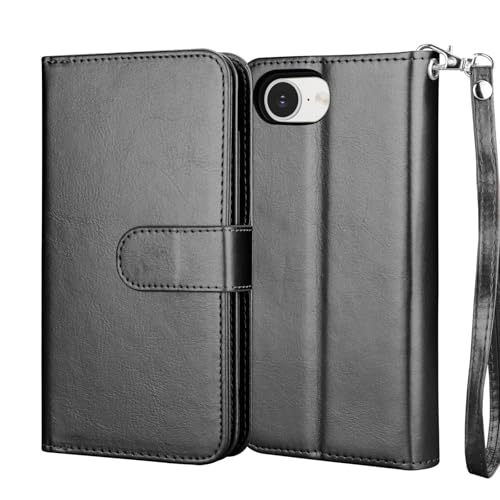 NJJEX Compatible with iPhone 16E Wallet Case, 9 Card Slots, Black | PU leather folio flip, detachable magnetic phone cover, integrated kickstand, included lanyard - color: Black, size: iPhone 16E