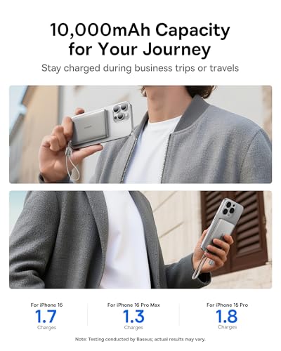 Baseus Picogo Qi2 15W Magsafe Portable Charger, 0.5" Ultra Slim 10000mAh Wireless Power Bank with 27W Built-in USB-C Cable, Magnetic Battery Pack for iPhone 17 Pro Max/17 Pro/Air/16/15/14/13/12 | 10000mAh Wireless Power Bank, 27W Fast Charging Magnetic Ba