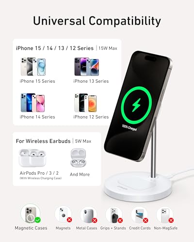 Anker MagGo 2-in-1 MagSafe Compatible Qi2 15W Wireless Charging Stand - color: White