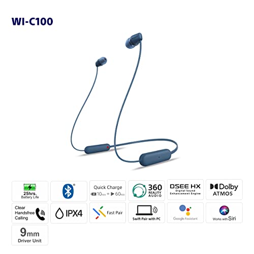 Sony WI-C100 Wireless in-Ear Bluetooth Headphones with Built-in Microphone,Blue,(Pack of 2) - color: Blue, size: One Size (Pack of 2)