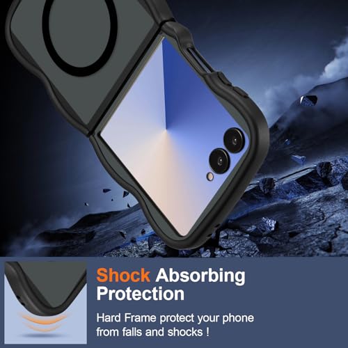 UEEBAI Magnetic for Samsung Galaxy Z Flip 7 5G Case, Compatible with MagSafe, Transparent Wave Frame Design Case Soft Edge Cover Cute Clear Matte Shockproof Protective Phone Case, Black - color: Black, size: Samsung Galaxy Z Flip 7 5G
