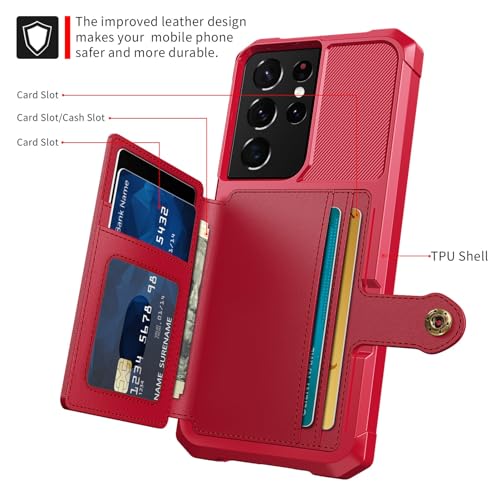 Wallet Case for Samsung Galaxy S21 Ultra, Compatible with Magnetic Car Mount, Heavy Duty Shockproof Rugged Soft TPU Back Leather Flip Credit Card Holder Cover 6.8 inch, Red | Compatible with Magnetic Car Mount, Shockproof Rugged Soft TPU Hard Back Leather