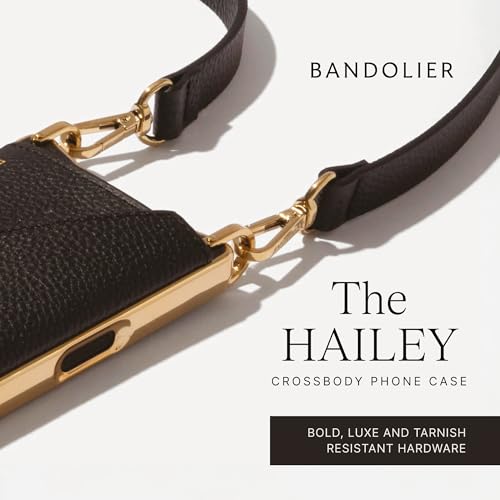 Bandolier Hailey Chrome Leather Crossbody Case iPhone 15 Pro - Black/Gld | Crossbody leather phone case. Built-in wallet w/ snap-closure. Adjustable & removable leather strap. Phone drop protection. - color: Black/Gold Chrome, size: iPhone 15 Pro