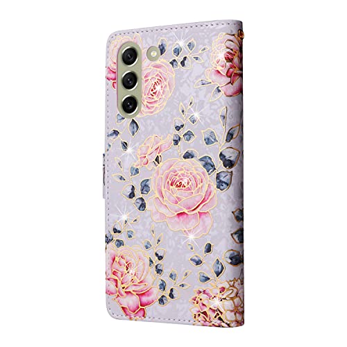 UEEBAI Wallet Case for Samsung Galaxy S22 5G, PU Leather Phone Case Kickstand RFID Blocking Flip Case Card Slots Wrist Strap Relief Engraved Pattern Magnetic Closure Flower Folio Case, Purple Rose - color: Purple Rose, size: Samsung Galaxy S22 5G