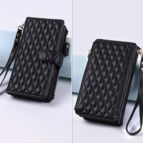 for iPhone 16e/17e Case Wallet,Compatible with MagSafe Magnetic 2 in 1 Magnetic Detachable PU Leather RFID Blocking Wallet Cover Card Holder Zipper Wrist Strap Lanyard,Quilted Black - color: Quilted Black