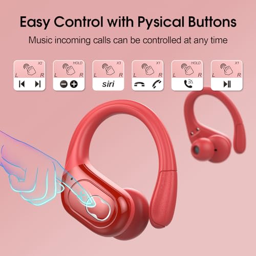 Wireless Earbuds 75H Bluetooth 5.4 Sport Headphones with Earhooks, Red - color: Red