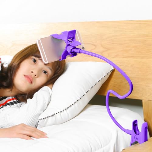 Gooseneck Phone Holder for Bed, Cell Phone Mount Clamp Clip, Flexible Long Arm Overhead Cellphone Mount, Bedside Lazy Bracket, Cellphone Stand for Desk, Table, Headboard(Purple) - color: Purple
