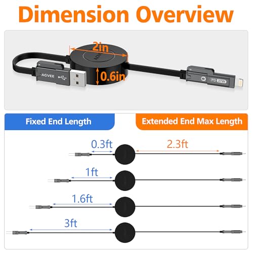 AGVEE 1ft Fixed / 2.3ft Extend One-End Retractable Multi Charging Cable - size: 1ft Fixed / 2.3ft Extend
