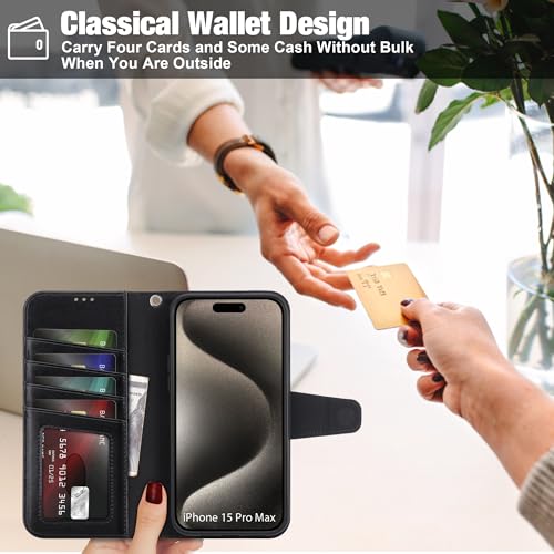 Arae Compatible with iPhone 15 Pro Max Case with Card Holder and Wrist Strap Wallet Flip Cover for iPhone 15 Pro Max 6.7 inch Men RFID Blocking Wristlet Kickstand,Litchi Black - color: Litchi Black, size: iPhone 15 Pro Max 6.7 inch