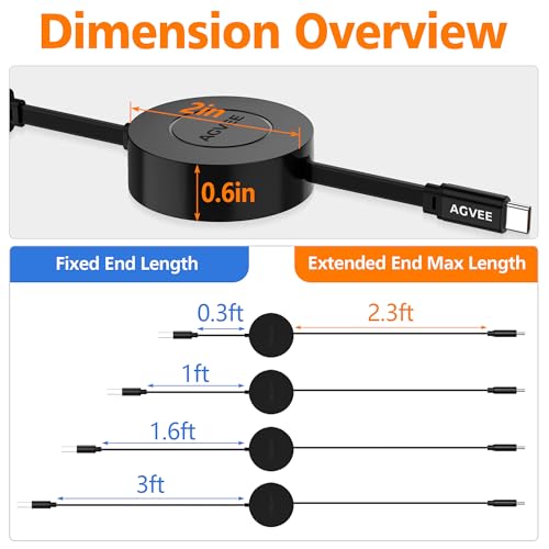 AGVEE 1ft Fixed / 2.3ft Extend Single-End Retractable USB C Cable - size: 1ft Fixed / 2.3ft Extend