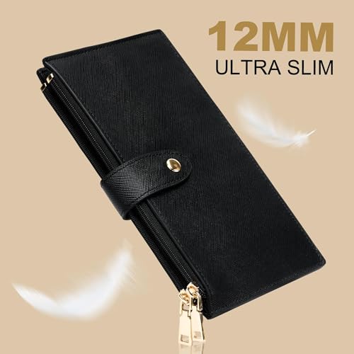 Travelambo RFID Wallet Women Large Size Bifold Multi Card Wallet Case with Zipper Pocke Credit Card Holder for Women - color: Black