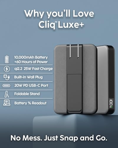 myCharge CliqLuxe+ Magnetic Wireless Power Bank 10,000mAh | iPhone & MagSafe Compatible | Qi2.2 25W Mag Safe Portable Charger | Built-in Wall Plug & Stand | 20W PD USB-C Port | Premium Grey Fabric - size: 10K, style: With Wall Plug (Grey)
