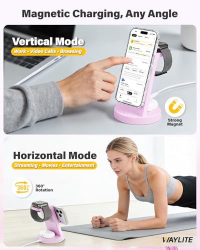 3 in 1 Fast Charging Station for iPhone, 25W Wireless Magnetic Phone Charger for iPhone 17 16e 16 15 14 13 12 Serise, Watch Charger Stand, Wireless Charging Station for AirPods 4 3 Pro, Pink - color: Pink