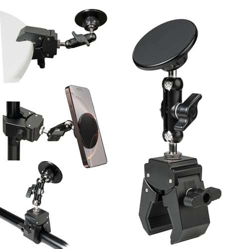 Magnetic Mic Stand Phone Holder Mount, 360° Angle Adjustment for Gym/Microphone Stand/Shopping Cart/Stroller/Handlebar,Compatible with iPhone 17/16/15/14/13/12 Series