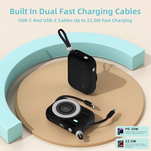 10000mAh Magnetic Power Bank, 20W Fast Charging Wireless Portable Charger with Built-in Charging Compartment for iPhone & Android (Black) - color: Black