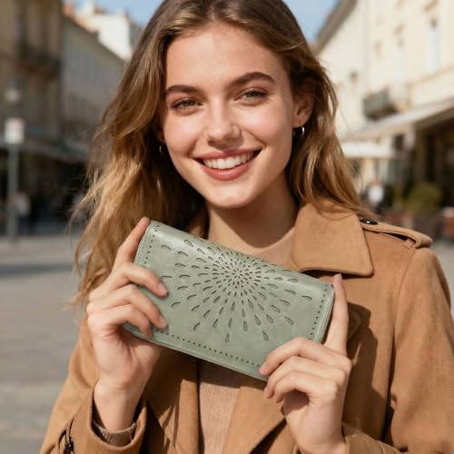 APHISON Wallet Women Large Capacity Clutch Purse For Ladies Card Holder RFID Wristlet Phone Zipper Coin Travel Pocket - color: 04-green