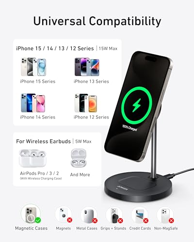 Anker MagGo 2-in-1 MagSafe Compatible Qi2 15W Wireless Charging Stand - color: Black