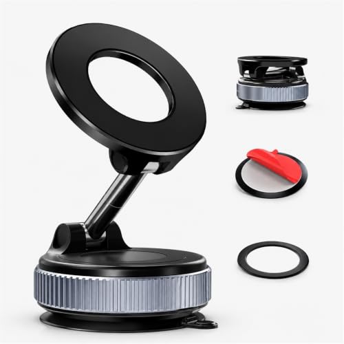 Magnetic Car Phone Mount for Dashboard, Vacuum Suction Phone Holder with Strong MagSafe-Compatible Grip, Foldable Design, 360° Rotation, Dashboard Pad Included, for iPhone & Smartphones