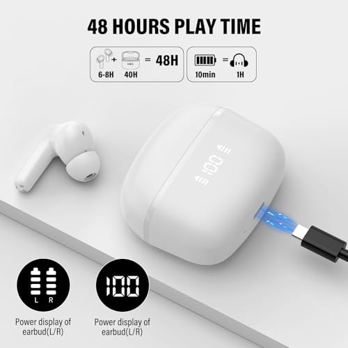 Wireless Earbuds, Bluetooth 5.4 Headphones 48H Playtime Ear Buds, Bluetooth Earbuds Stereo with LED Display, Clear Call, IPX7 Waterproof in Ear Earphones with ENC Mic for Phones/Sports/Laptop, White - color: White
