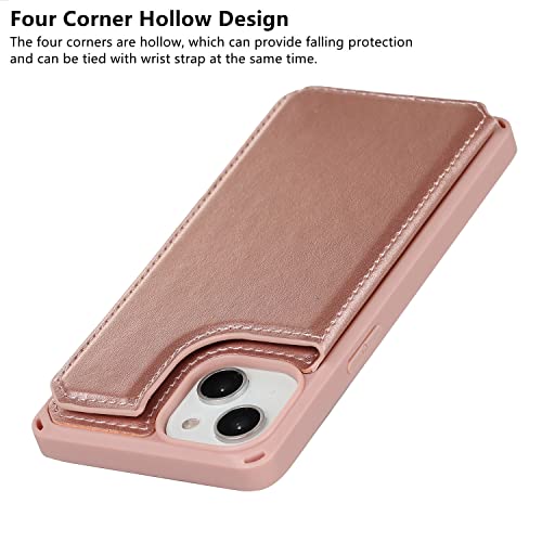 iCoverCase Compatible with iPhone 14 Wallet Phone Case with Card Holder for Women, RFID Blocking Embossed PU Leather Wrist Strap Case 6.1 Inch (Macaron Rose Gold) - color: P-Rose Gold